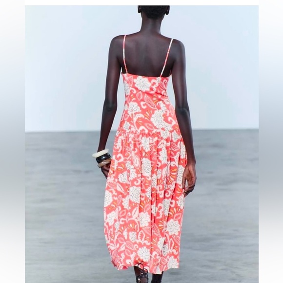 Zara drop waist printed midi dress coral orange size small - Picture 3 of 16